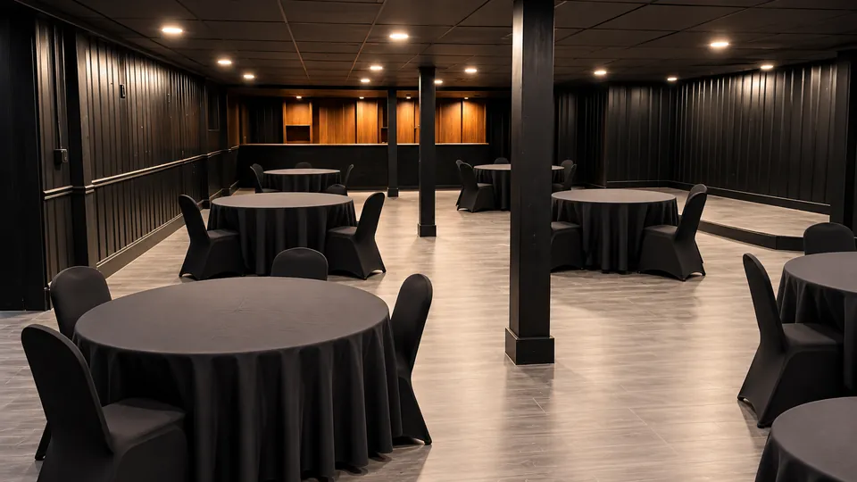 The Underground: round tables between the black columns